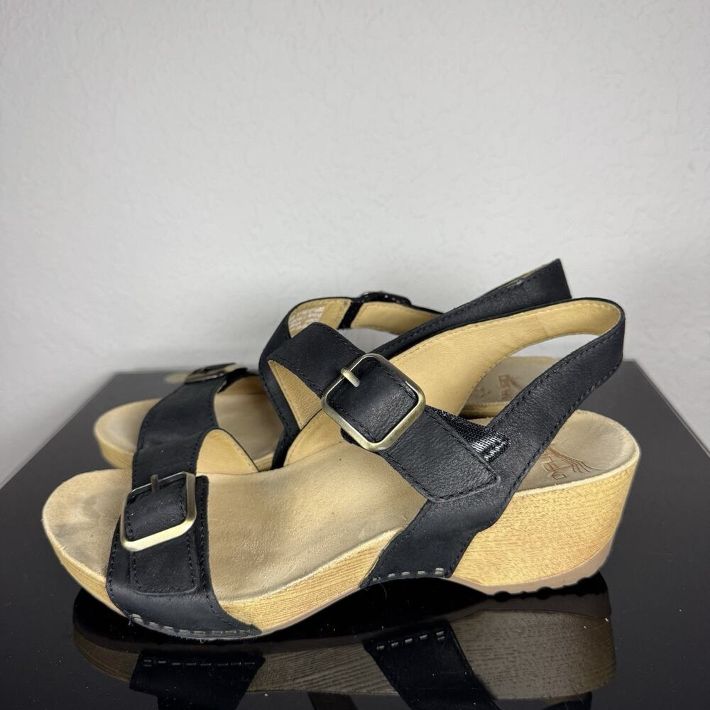 Dansko Trinity Sandals Shoes Size 8.5-9 39 Black Nubuck Slingback Wedge Buckle